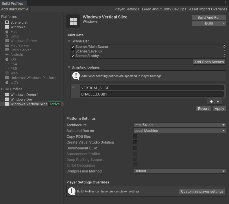 Build Profile Window